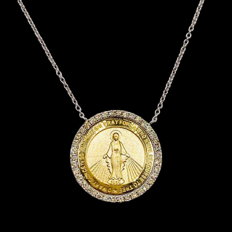 14KT Gold Round Miraculous Mary With Diamond Bezel