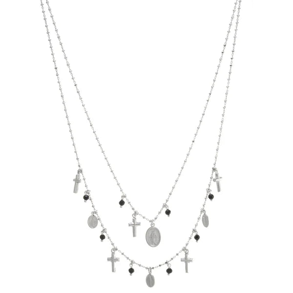 Double Chain Cross and Mary Charm Necklace