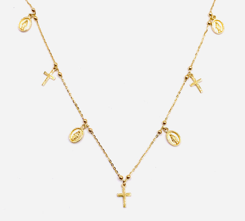 14KT Gold Dainty Cross & Mary Charm Necklace