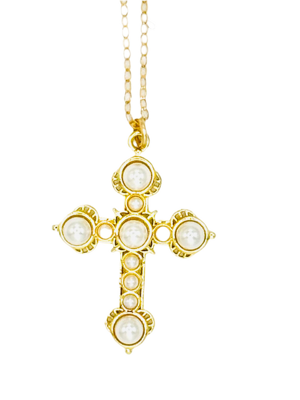 Ornate Pearl Cross Necklace