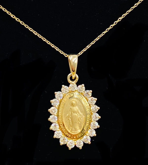 14KT Gold Oval Miraculous Mary With Diamond Bezel