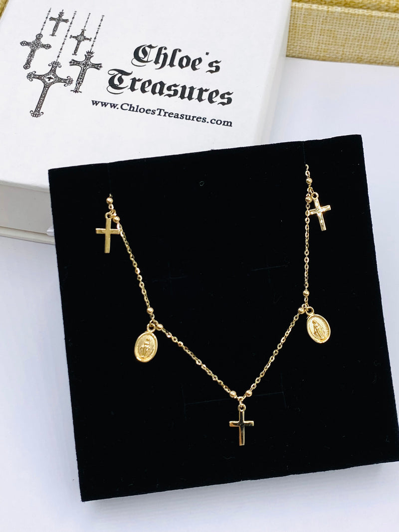 14KT Gold Dainty Cross & Mary Charm Necklace