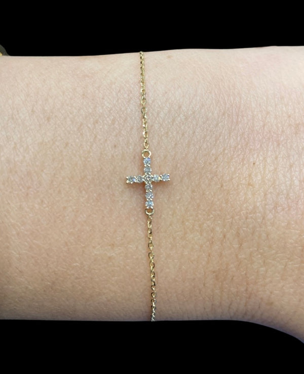 14KT Gold Dainty Diamond Cross Bracelet