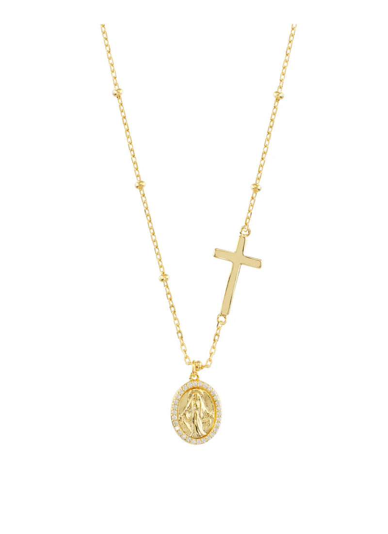 Sideways Cross & Miraculous Mary Necklace