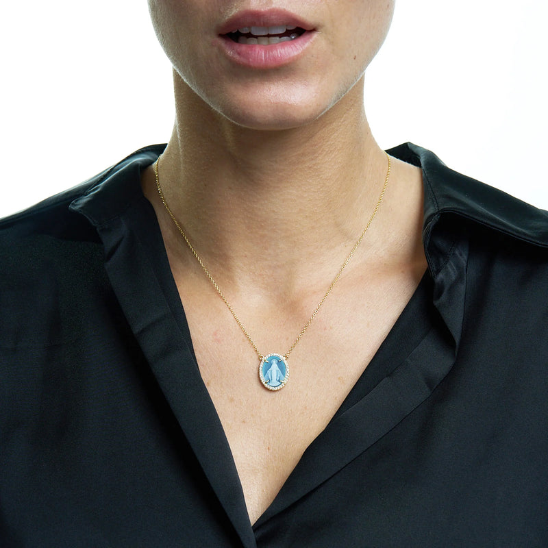Blue Miraculous Mary Cz Necklace