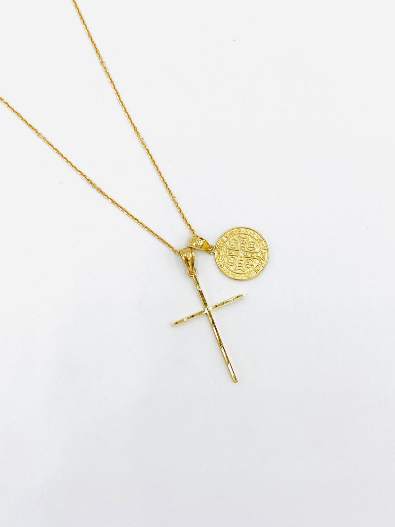 14KT Gold Cross & St Benedict Necklace