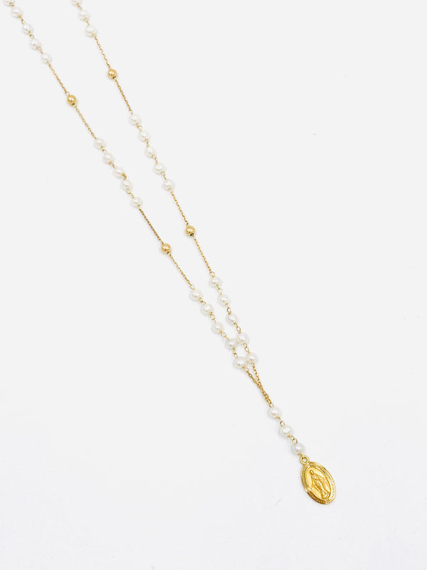14KT Gold Dainty Pearl & Miraculous Mary Necklace