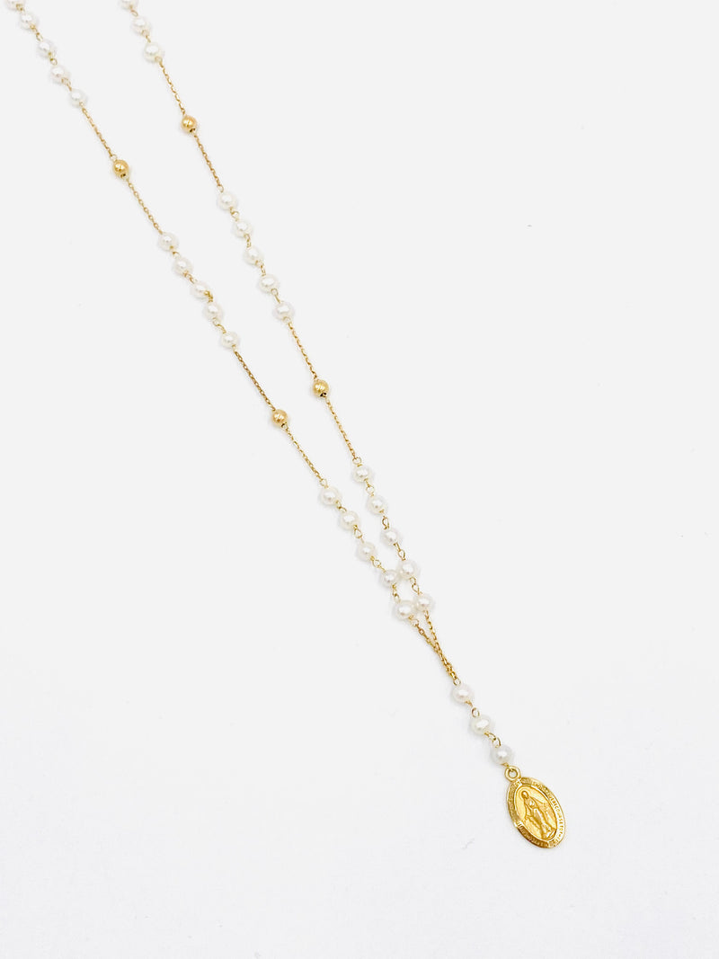 14KT Gold Dainty Pearl & Miraculous Mary Necklace