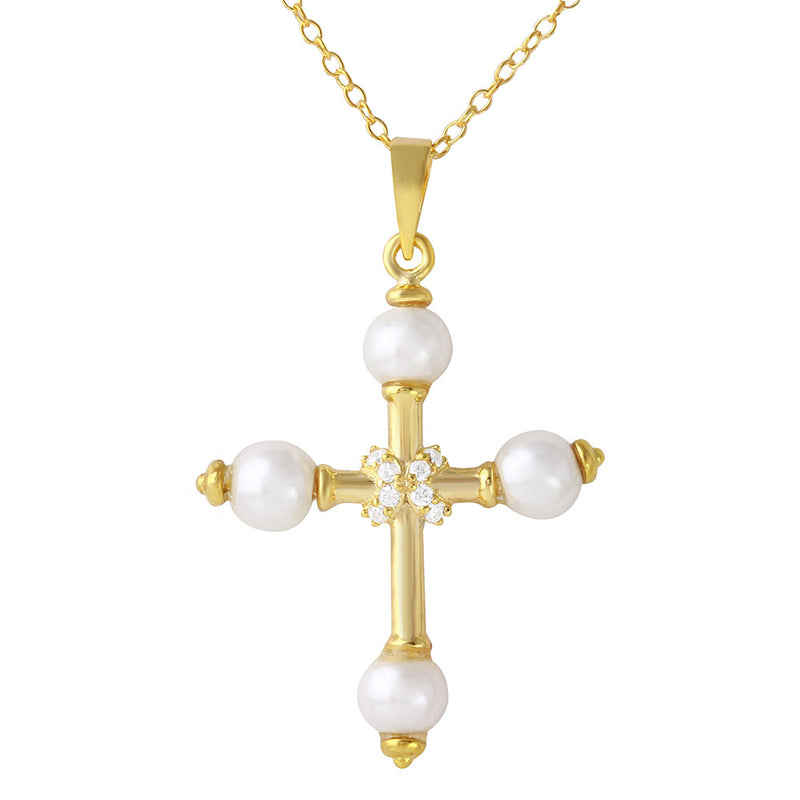 Pearl and CZ Gold Cross Necklace