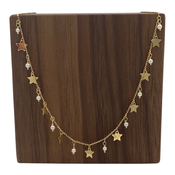 14KT Gold Star & Pearl Charm Necklace