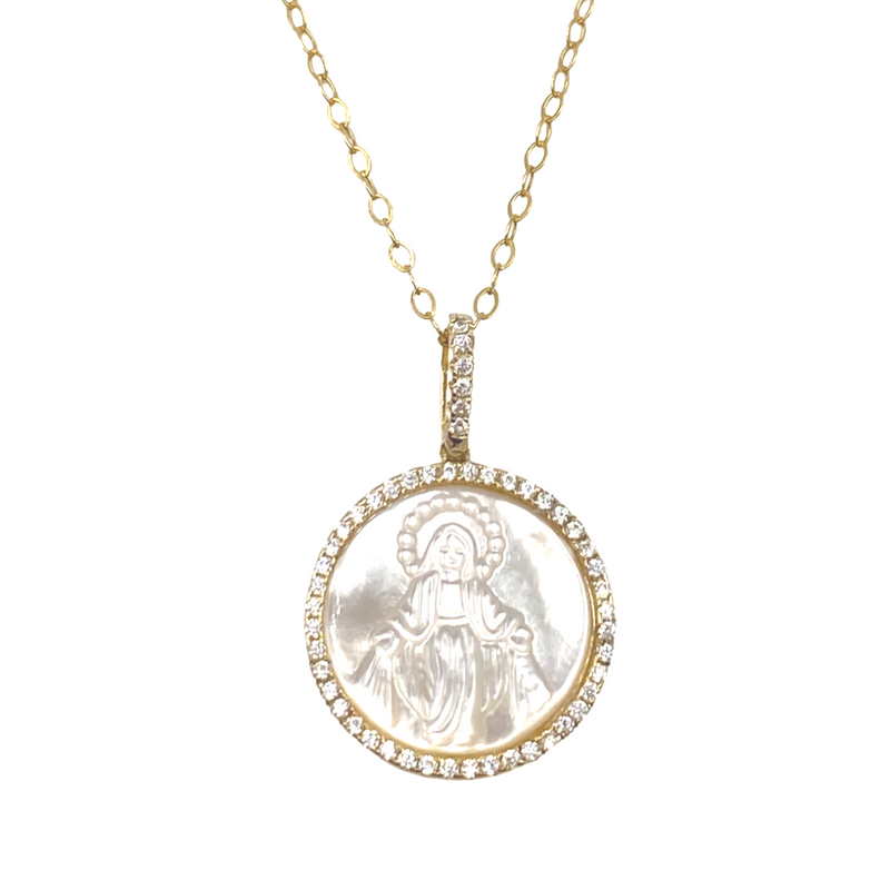 Round Mother Of Pearl Miraculous Medal With CZ's