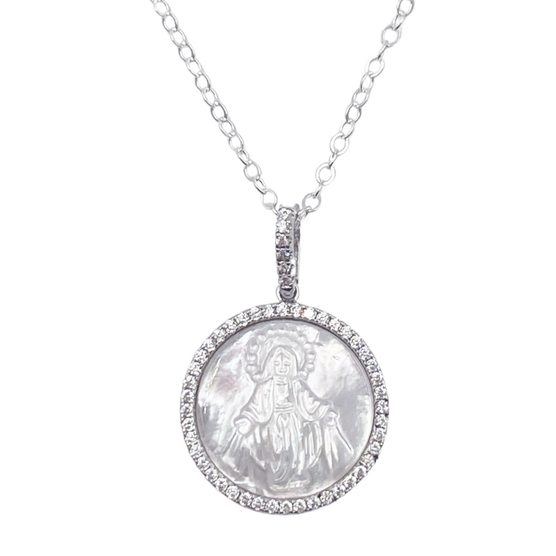 Round Mother Of Pearl Miraculous Medal With CZ's