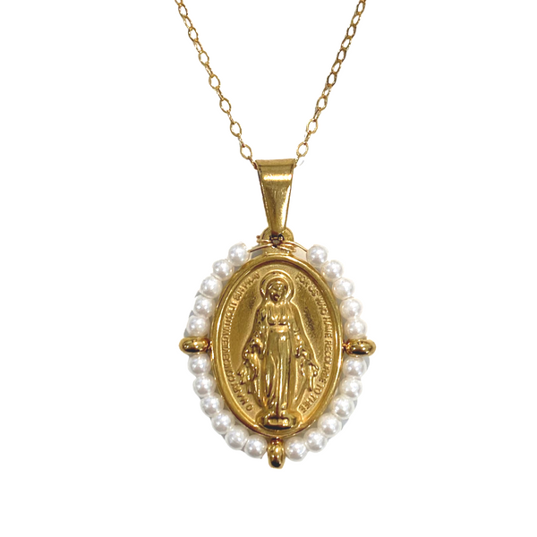 Gold & Pearl Miraculous Medal Necklace