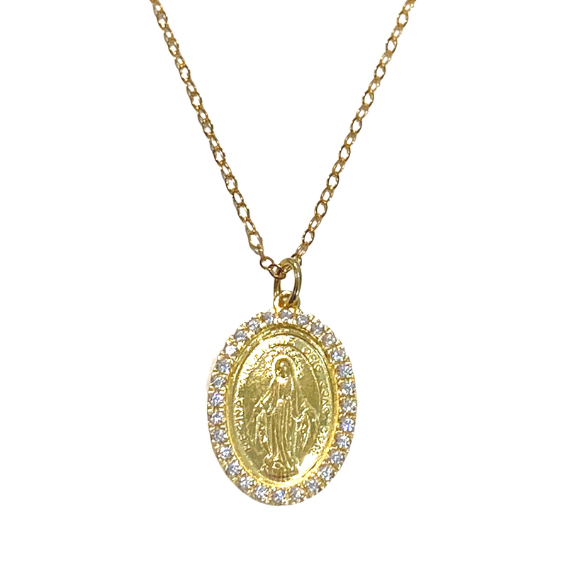 Miraculous Medal Necklace With Cubic Zirconia