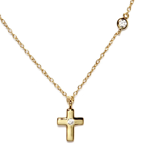 Gold Cross With Single CZ Necklace
