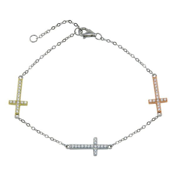 Gold, Rose Gold, And Silver CZ Cross Charm Bracelet