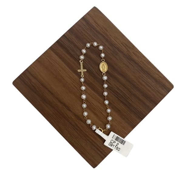 14KT Gold & Pearl Cross and Mary Baby Bracelet