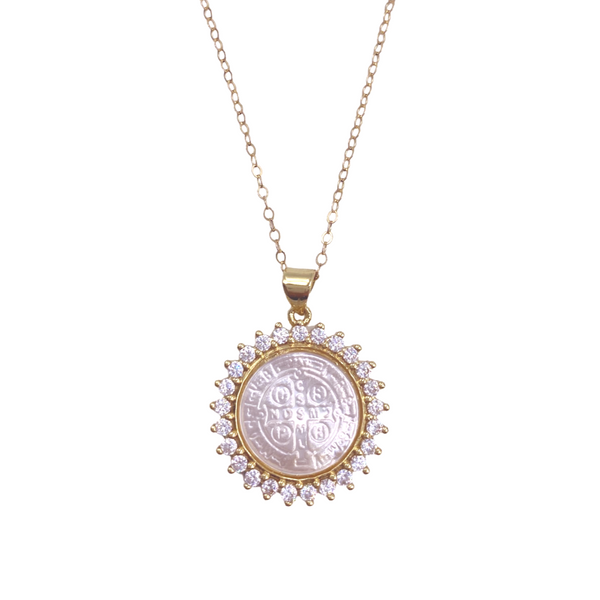 Pearl and CZ Gold St. Benedict Medal Necklace