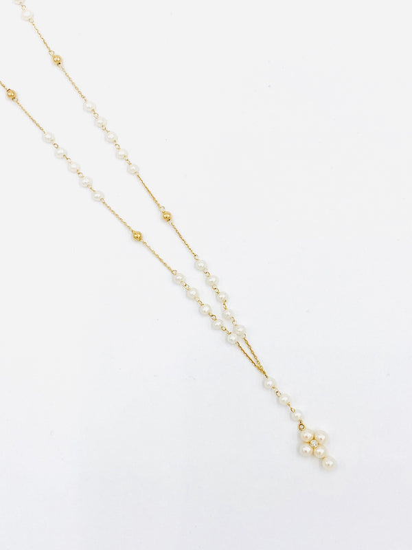 14KT Gold Dainty Pearl Cross Rosary Necklace