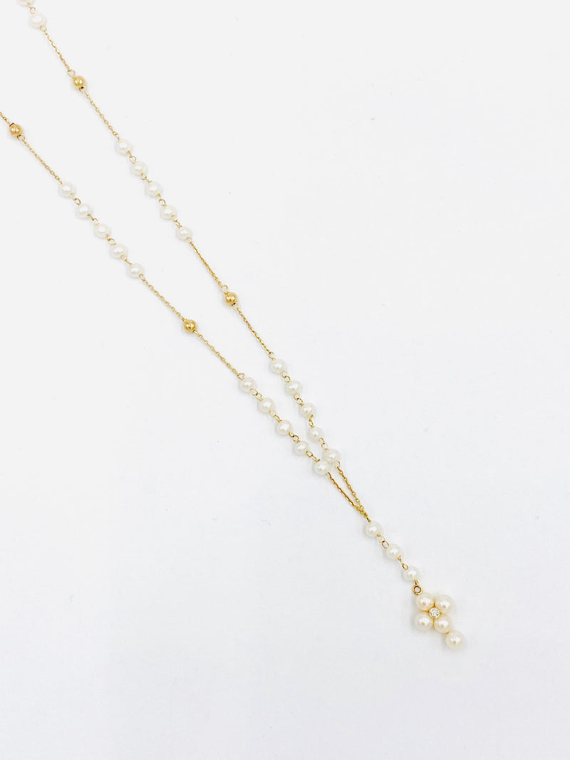 14KT Gold Dainty Pearl Cross Rosary Necklace